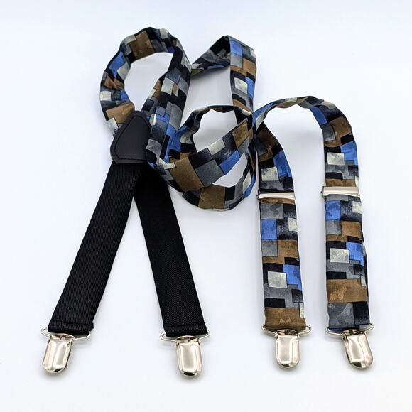 Retro Y-Back Suspenders Clip On Adjustable 90s Geometric Brown Blue Black Gray - Picture 5 of 8